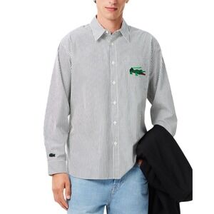 Lacoste Relaxed Fit Croc Badge Striped Poplin Button Shirt Mens Size L Designer